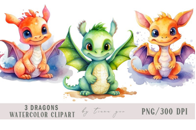 Cute watercolor dragon clipart set- 3 png files