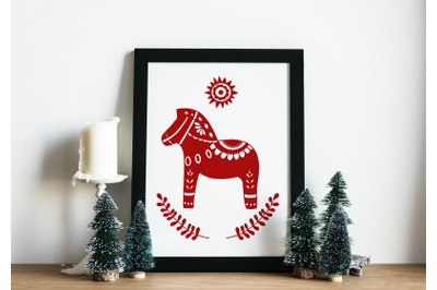 Christmas wall decor, Red Dala Horse Print, Swedish Horse, Scandinavia