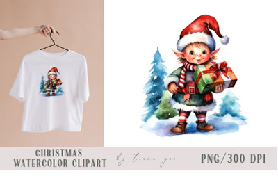Cute watercolor Christmas gnome elf clipart- 1 png file