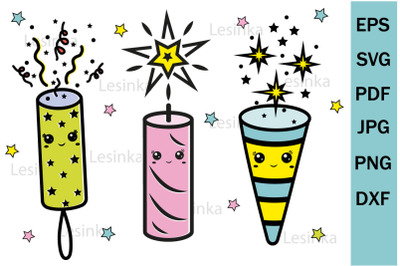 Festive clipart with kawaii characters fireworks