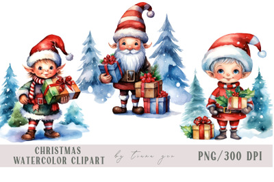 Cute watercolor Christmas gnome clipart- 3 png files