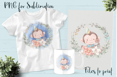 Cute monkey in a wreath of flowers. Design for printing.