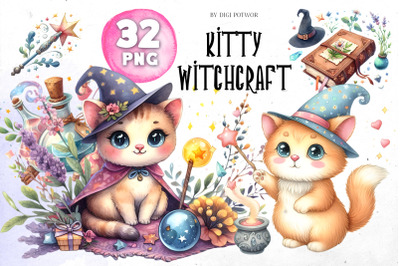 Kitty Witchcraft Watercolor Bundle | PNG cliparts