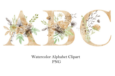 Watercolor gold floral alphabet.
