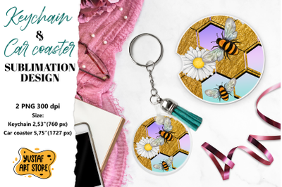 Bee Keychain sublimation. Bee Car coaster sublimation.