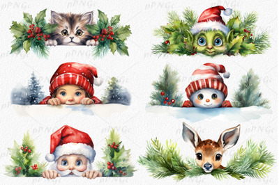 Watercolor Christmas Peeking Characters Clipart
