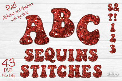 Red Christmas Alphabet PNG Letters Numbers Symbols Glitter Embroidery