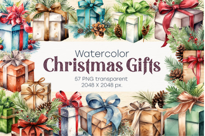 Watercolor Christmas gifts. PNG, Clipart.
