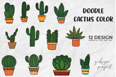 12 Doodle Cactus Color, Cactus Clipart, House Plants Clipart