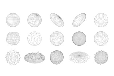 Wireframe 3D circle grid shapes. Geometric sphere mesh, abstract round