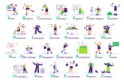 Professions alphabet. Job market, select a profession from list with a