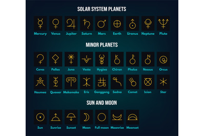 Planetary symbols. Astronomical solar system and minor planets, sun an