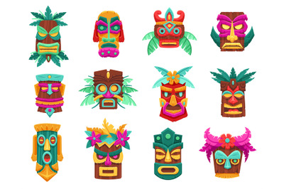 Cartoon tiki masks. Hawaiian bamboo totems, ancient tropical wooden tr