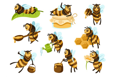 Cartoon honey bee mascot. Cute bee character with organic honey pot, b