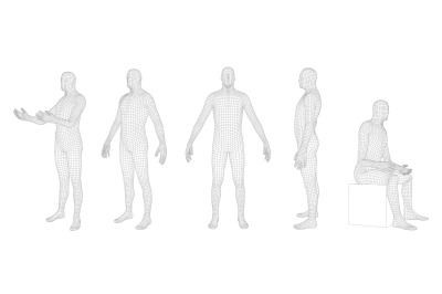 Wireframe human body. Polygonal 3D mesh male character, man dummy holo