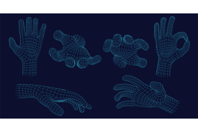 Wireframe hand gestures. Grabbing gesture, open palm and digital ok ha