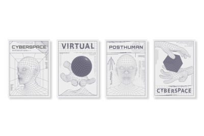 Posters with wireframe human head. Low poly 3D cyberspace streetwear p