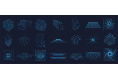 Wireframe grid elements. 3D mesh structures, cyber geometric plane and