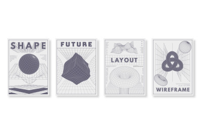 Abstract wireframe posters. Futuristic layout with 3D geometric shapes