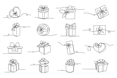 Continuous one line gift boxes. Wrapped present, cardboard box with ri