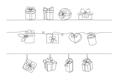 Continuous one line gifts dividers. Christmas gift border, hand drawn