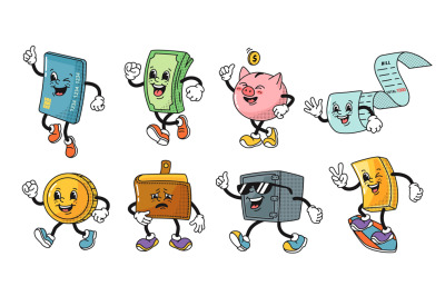 Cartoon banking mascots. Money, bank card, wallet and safe characters