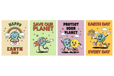 Cartoon planet Earth posters. Happy Earth day sticker, save our planet