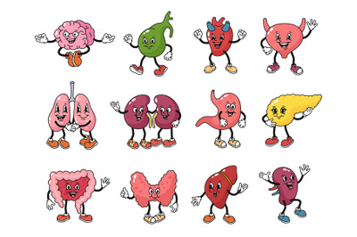 Cartoon organs characters. Health mascot for human body internal parts