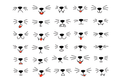 Cartoon cat mouths. Animal whiskers&2C; cute pet nose and kitten face. Fa