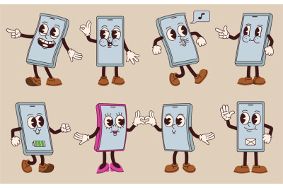 Cartoon smartphone mascot. Mobile phone characters&2C; funny gadget scree