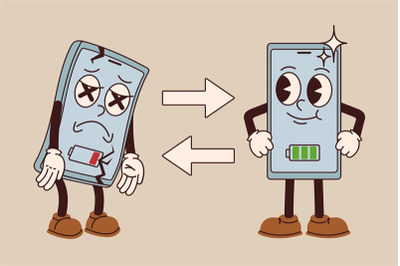 Cartoon trade-in smartphone deal. Mobile phone battery changing, excha