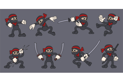 Cartoon ninja character. Karate warrior, stealth ninja with katana and