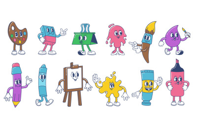 Art supplies cartoon mascot. Funny art school characters, creative pal