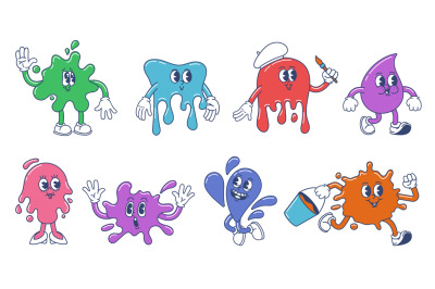 Cartoon paint splash mascot. Color stain blob characters, ink splash s