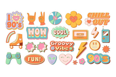 Retro groovy emblem templates. Pastel 90s inspired stickers&2C; chill out