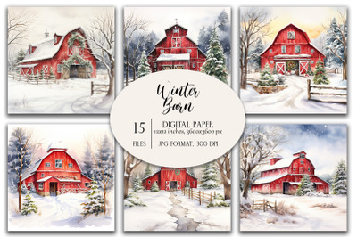 Watercolor Winter Barn, Christmas Backgrounds, Digital Paper