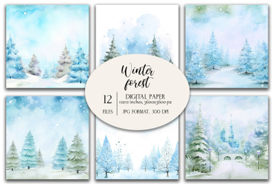 Watercolor Winter Forest, Christmas Backgrounds, Digital Paper