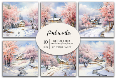 Watercolor Pink Winter Landscape, Christmas Backgrounds, Digital Paper