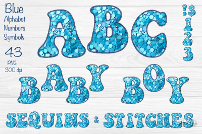 Blue Alphabet PNG Baby Boy Letters Numbers Symbols Glitter Embroidery