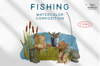 Watercolor Fishing Illustration. Camping Scene PNG Clipart