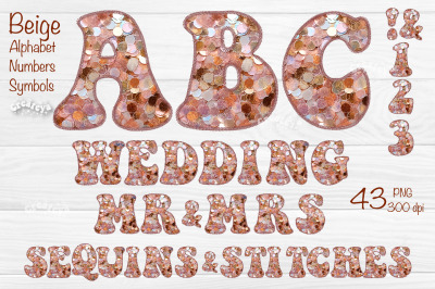 Beige Wedding Alphabet PNG Glitter Letters Numbers Symbols Baby Glitte