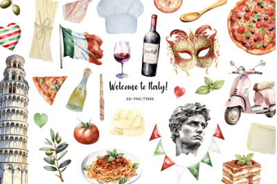 Watercolor Italy clipart. Italian symbols and items 37 PNG