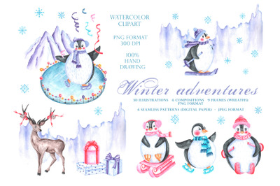 Winter adventures watercolor set. Xmas, New Year.