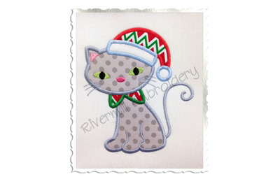 Applique Cat With Santa Hat Machine Embroidery Design