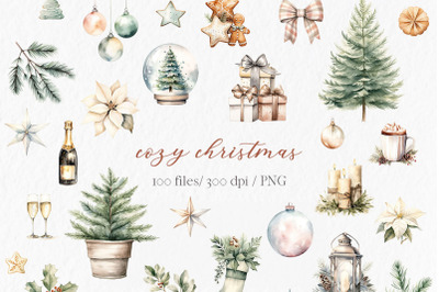Cozy Christmas Clipart, Ornaments Clipart, Boho Christmas, Watercolor