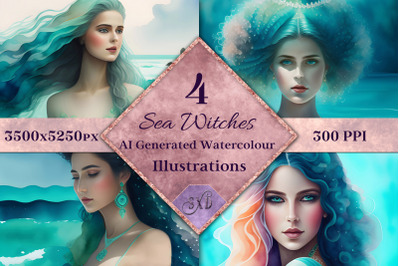 Sea Witches - 4 AI Generated Watercolour Illustrations
