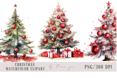 Watercolor decorated Christmas tree clipart - 3 png files