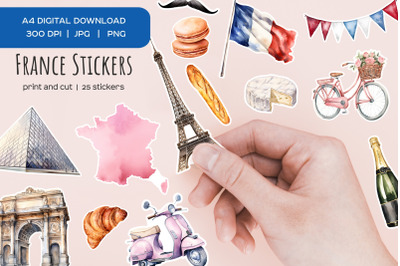 Watercolor France stickers. Paris France symbols sticker. Eiffel tower