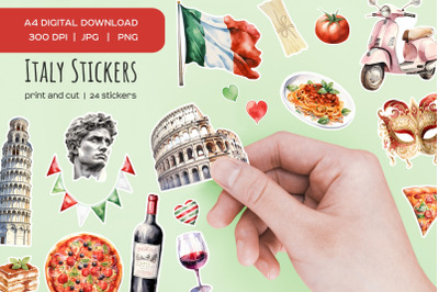 Watercolor Italy stickers. Venice Italian symbols sticker. Сolosseum sticker print &amp; cut. Italian Flag and Italian elements 24 sticker