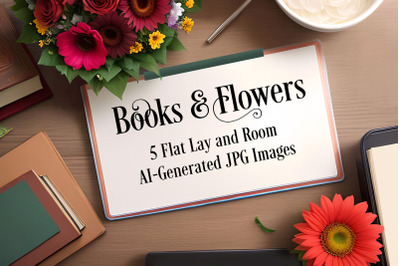 Books &amp; Flowers: 5 Flat Lay and Room AI-Generated JPG Images